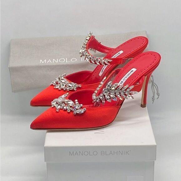 Manolo Blahnik Lurum 90MM Embellished Satin Mules size 37.5 - Picture 14 of 16